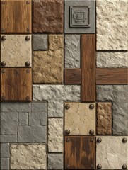 Decorative wall design featuring stone wood and metal elements in a geometric pattern top down architectural detail