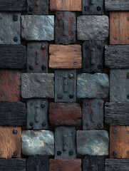 Rustic wood and stone wall texture close up full frame overhead shot of a decorative pattern of mixed materials