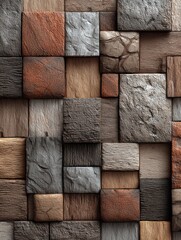 Wood and Stone Square Tile Mosaic Close Up Full Frame Texture Background Art and Design Natural Material