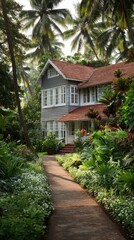 Tropical House Exterior with Lush Garden Path in Kerala India Vertical View