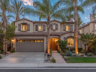 Front view of a two story suburban home with palm trees and a lawn at dusk in California