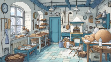 Cartoon bakery interior with bread loaves in baskets and on tables in a retro style kitchen with blue accents
