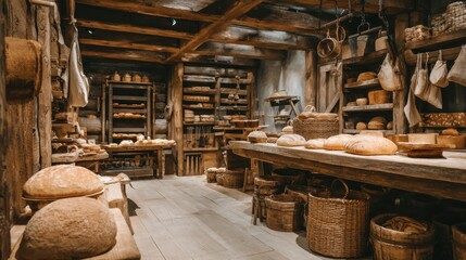 Rustic Bakery Interior Displaying Fresh Bread Loaves on Wooden Shelves and Baskets in a Vintage Setting
