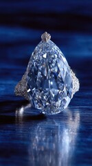Close Up of the Blue Diamond on Dark Blue Reflective Surface in Studio Lighting Glamour Shot
