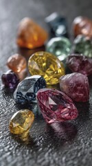 Assorted Gemstones Close Up Still Life on Textured Surface Studio Shot High Angle View Colorful Jewels Precious Stones