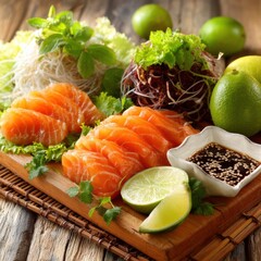 Delicious salmon sashimi served on wooden board with lime and soy sauce close up studio shot gourmet food