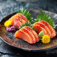 Close up of fresh salmon sashimi served on a plate with wasabi and flowers in a restaurant setting