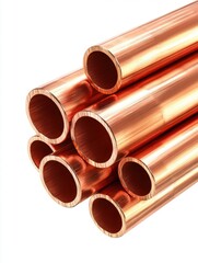 Stack of Copper Pipes Close Up on White Background Shiny New Metal Tubes Industrial Plumbing Materials Construction Detail