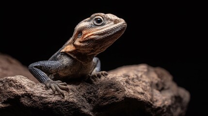 Fototapeta premium Captured in stunning detail, an agama lizard perched on a textured rock, set against a stark black background, showcasing its intricate scales and captivating gaze.