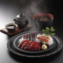 Authentic Japanese Sashimi Platter with Tuna Salmon Mackerel and Miso Soup in Dark Setting Studio Shot