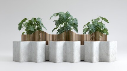 Indoor Design featuring Three Monstera Plants in Concrete Planters with Brass Accents Studio Shot