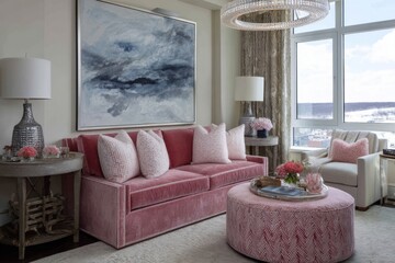 Elegant Living Room Interior Design with Pink Velvet Sofa and Modern Art in a Contemporary Style Apartment