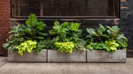 Urban Garden Display of Concrete Planters with Lush Foliage in Front of Brick Wall and Window