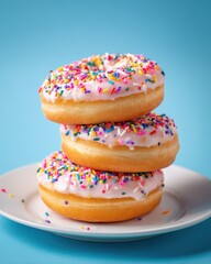 Stack of Three Pink Frosted Donuts with Colorful Sprinkles on a White Plate Against a Blue Background Studio Shot
