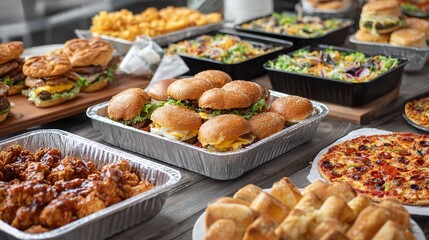 A feast for the eyes and stomach. Burgers, pizza, salads, rolls, and fried chicken all displayed on a wooden table. A meal to share with friends and family! Delicious!