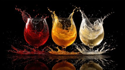 Three Wine Glasses with Splashing Liquids on Black Background Studio Shot High Speed Photography