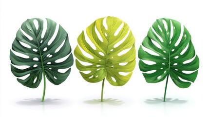 Three Monstera Leaves in Green and Yellow Tones Isolated on White Background Studio Shot Tropical Aesthetic
