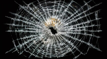 Fototapeta premium Shattered glass on a black background, displaying a spiderweb-like crack pattern. A central impact point is visible. The intricate pattern captures the fragility of glass.