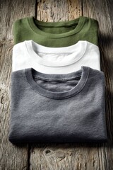 Folded T-Shirts Stacked on Rustic Wood Surface Above Eye Level Displaying Clothing Item Variety and Texture
