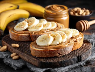 Close-up of Banana Slices on Peanut Butter Toast, Healthy Breakfast Concept, Rustic Wood Cutting Board, Dark Food Photography