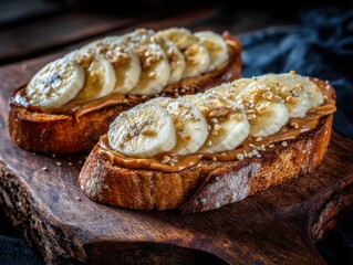 Banana peanut butter toast breakfast snack on wooden board close up food photography healthy lifestyle