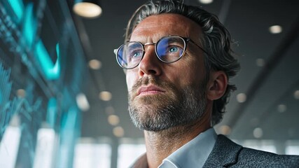 business executive standing before ai-generated energy forecast wall, thoughtful leadership aura, futuristic glass office. - Powered by Adobe