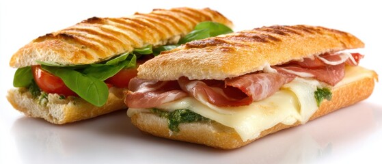 Two Grilled Panini Sandwiches with Prosciutto and Tomato on White Background Close Up Food Photography