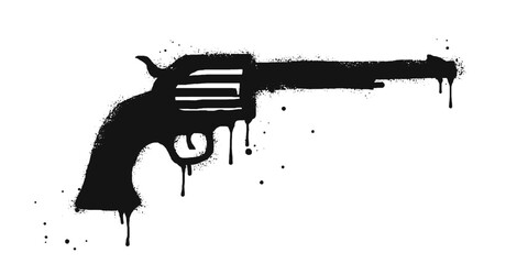 Spray painted graffiti gun on black over white. Gun silhouette drip symbol. isolated on white background
