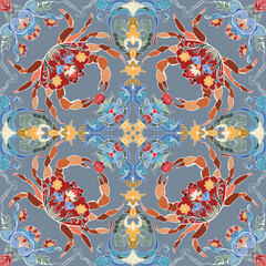 The seashore blooms tile pattern. A unique concept of a crab displaced into a flourishing, sunlight garden.  © Vyphan Studio