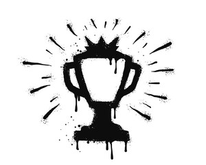 Spray painted graffiti champions cup trophy sign in black over white. trophy cup silhouette drip symbol. isolated on white background