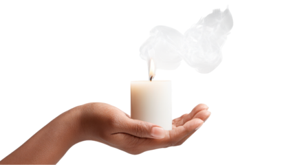 Hand Holding Burning Candle with Smoke on White - Relaxation and Hope Concept