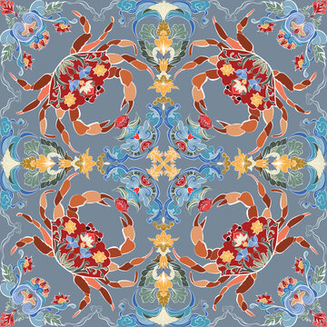 The seashore blooms tile pattern. A unique concept of a crab displaced into a flourishing, sunlight garden. 