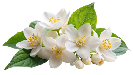 A beautiful cluster of white jasmine flowers with green leaves, isolated on transparent background