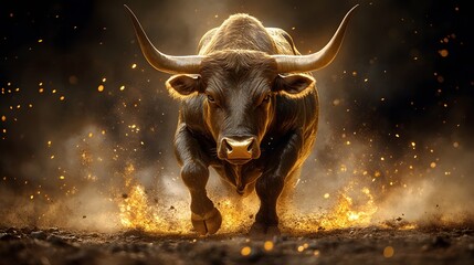 Powerful bull charging forward amidst a backdrop of dust and glowing embers in a dramatic scene of nature