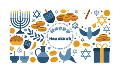 Hanukkah Festive Elements Set — Blue and Gold Vector illustration, easily editable.