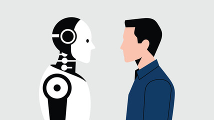 human and robot face-to-face illustration symbolizing ai interaction, future technology, ethics, and digital collaboration concept