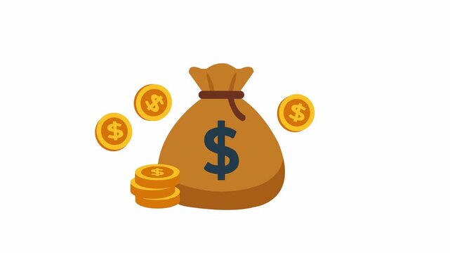 Animated vector illustration of a money bag surrounded by floating coins on alpha channel.