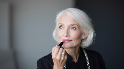 Elegant older woman with silver hair & striking blue eyes, applying vibrant pink lipstick. Graceful and poised, she exudes confidence and timeless beauty with her fresh make-up look.