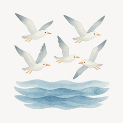 Obraz premium Seagulls soaring above ocean waves.