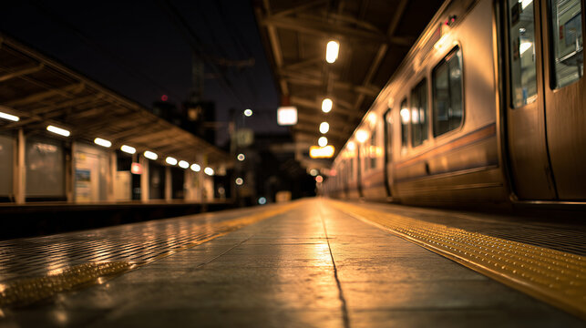 An empty train platform with soft lighting under the night sky, creating a peaceful atmosphere.