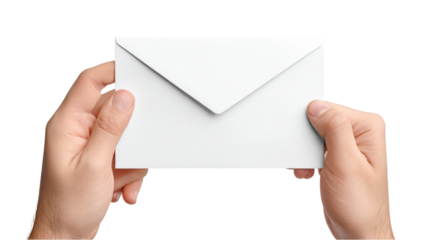 Hands Holding White Envelope on White Background