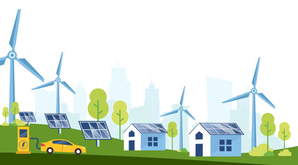 Modern Eco House with Wind Turbines, Solar Panels, and Electric Car Charging Station for Clean Renewable Energy Concept