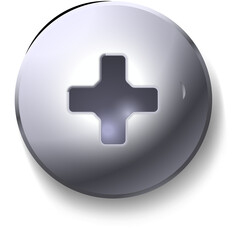 Close up of a shiny silver metal screw head with a cross slot showing metallic texture and subtle highlights against a transparent background creating a clean industrial graphic element