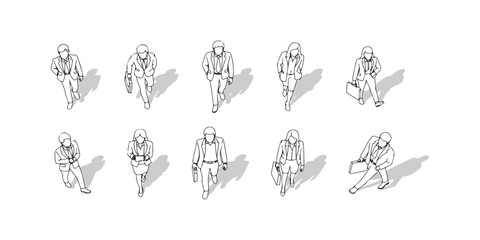 CAD Drawings. Set of Business People walking isolated on white background. Top view. Vector illustration.