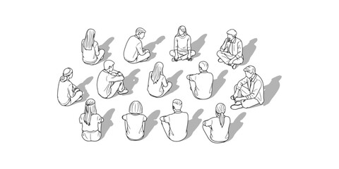 CAD Drawings. Set of diverse people sitting isolated on white background. Top view. Vector illustration.