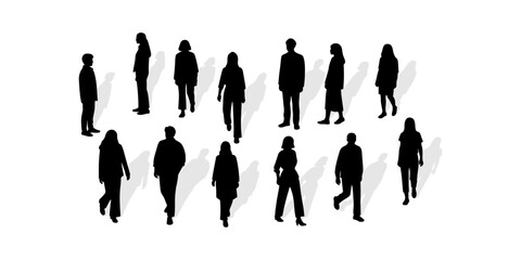 CAD Drawings.Silhouette Set of diverse people standing and walking  isolated on white background. Top view. Vector illustration.
