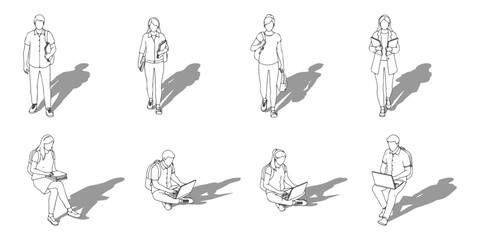 CAD Drawings. Set of Students walking, sitting isolated on white background. Front view. Vector illustration.
