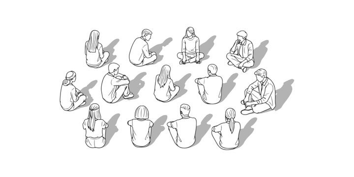 CAD Drawings. Set of diverse people sitting isolated on white background. Top view. Vector illustration.