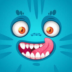 Close up on a funny blue monster face with big white teeth bulging orange eyes and pink tongue sticking out against a transparent background.