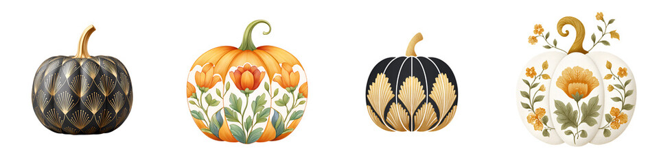 Watercolor Autumn Pumpkins with Floral Decoration - Set of Four